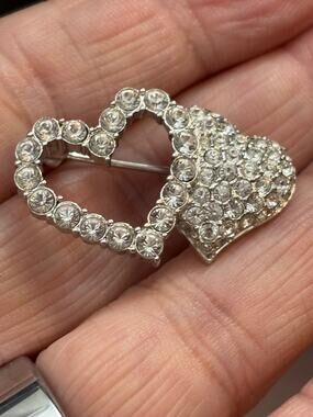 Swarovski Double Heart Crystal Brooch Silver Tone with Swan Mark